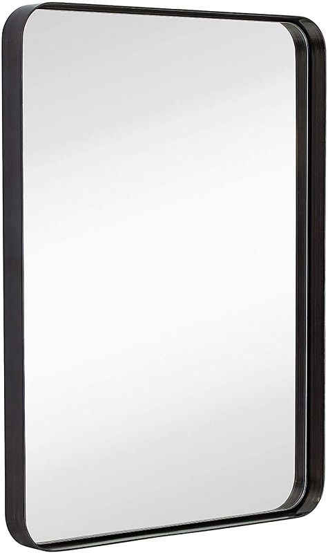 Photo 1 of Hamilton Hills Contemporary Brushed Metal Wall Mirror | Glass Panel Black Framed Rounded Corner Deep Set Design | Mirrored Rectangle Hangs Horizontal or Vertical (22" x 30")
