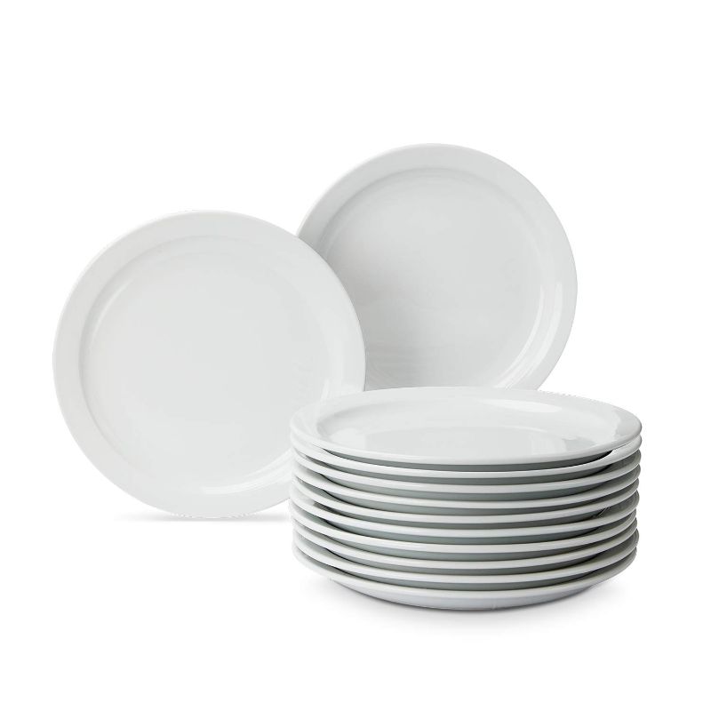 Photo 1 of AmazonCommercial 12-Piece Porcelain, 9 Inch Narrow Rim Dinner Plate Set, White
