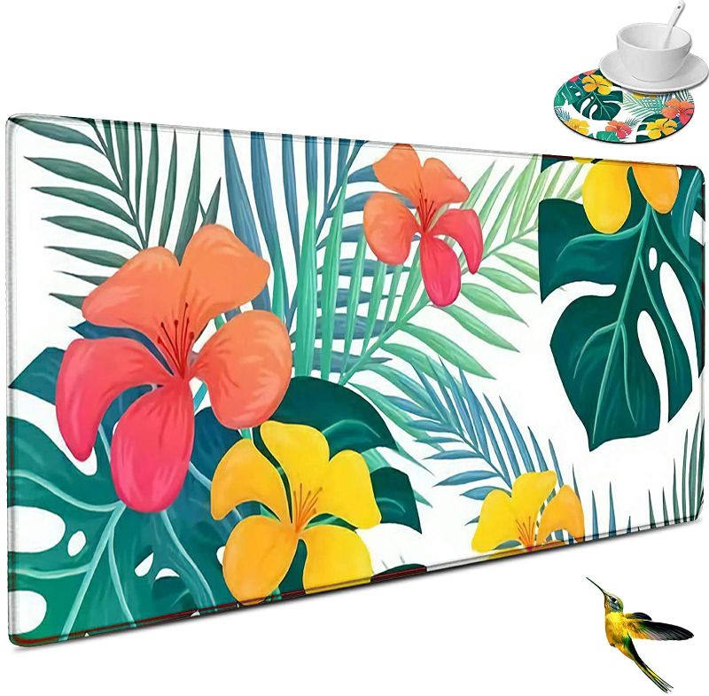 Photo 1 of Extended Gaming Mouse Pad with Stitched Edges, Long XXL Mousepad (31.5x11.8 in), Desk Pad Keyboard Mat, Non-Slip Base for Work/ Gaming/ Office/ Home and Cup Mat and Stickers with  Plants, Flowers
