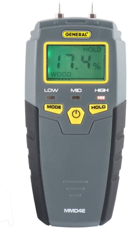 Photo 1 of General Tools MMD4E Digital Moisture Meter, Water Leak Detector, Moisture Tester, Pin Type, Backlit LCD Display With Audible and Visual High-Medium-Low Moisture Content Alerts, Grays
