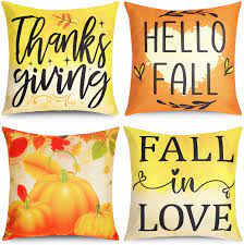 Photo 1 of YHMALL THANKSGIVING PILLOW COVERS `18x18 PUMPKIN MAPLE LEAF HELLO FALL PILLOW DECORATIVE THROW PILLOWS SET OF 4