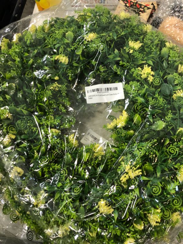 Photo 2 of CARESOME 17" Wreath Green Boxwood Wreath with Bulky Leaves and Weatherproof Flowers for Christmas, 