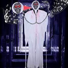 Photo 1 of 5FT Halloween Hanging Ghost Decorations,Halloween Ghost with LED Glowing Eyes and Scary Sound, Grim Reaper with Bendable Arms Perfect for Halloween Party, Outdoor/Indoor, Lawn Decorations