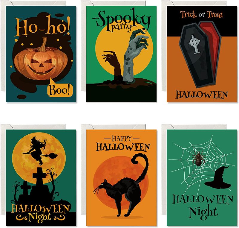 Photo 1 of  Halloween Greeting Cards | Size 5.5"x4" | Pack of 24 Pcs | 6 Assorted Designs | Recomennded for Trick or Treat, Halloween Themed Party, Classroom Party..
