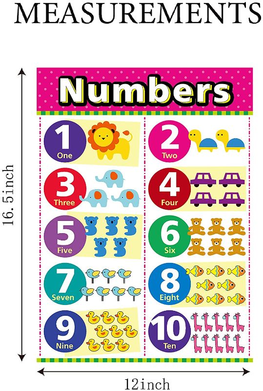 Photo 1 of Educational Posters for Kindergarten, Preschool Learning Posters, Laminated Learning Charts for Toddlers, Elementary Posters for Classroom, School Supplies Includes Numbers, Time (12 Pack A)
