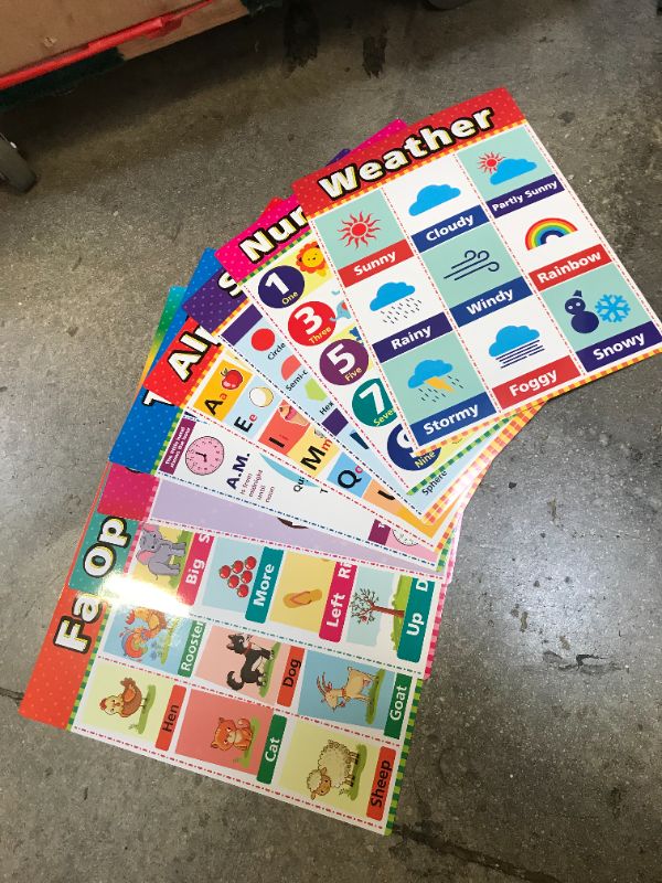 Photo 2 of Educational Posters for Kindergarten, Preschool Learning Posters, Laminated Learning Charts for Toddlers, Elementary Posters for Classroom, School Supplies Includes Numbers, Time (12 Pack A)
