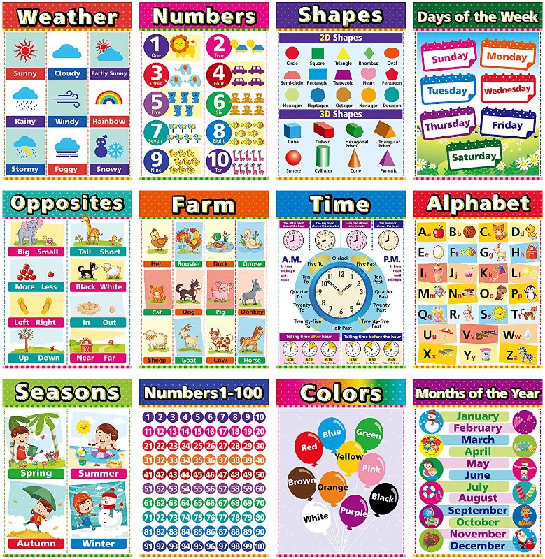 Photo 3 of Educational Posters for Kindergarten, Preschool Learning Posters, Laminated Learning Charts for Toddlers, Elementary Posters for Classroom, School Supplies Includes Numbers, Time (12 Pack A)
