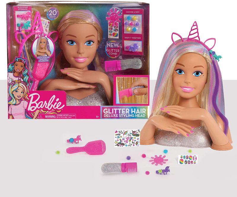 Photo 1 of Barbie Deluxe 20-Piece Glitter and Go Styling Head, Blonde Hair and Unicorn Headband, by Just Play
