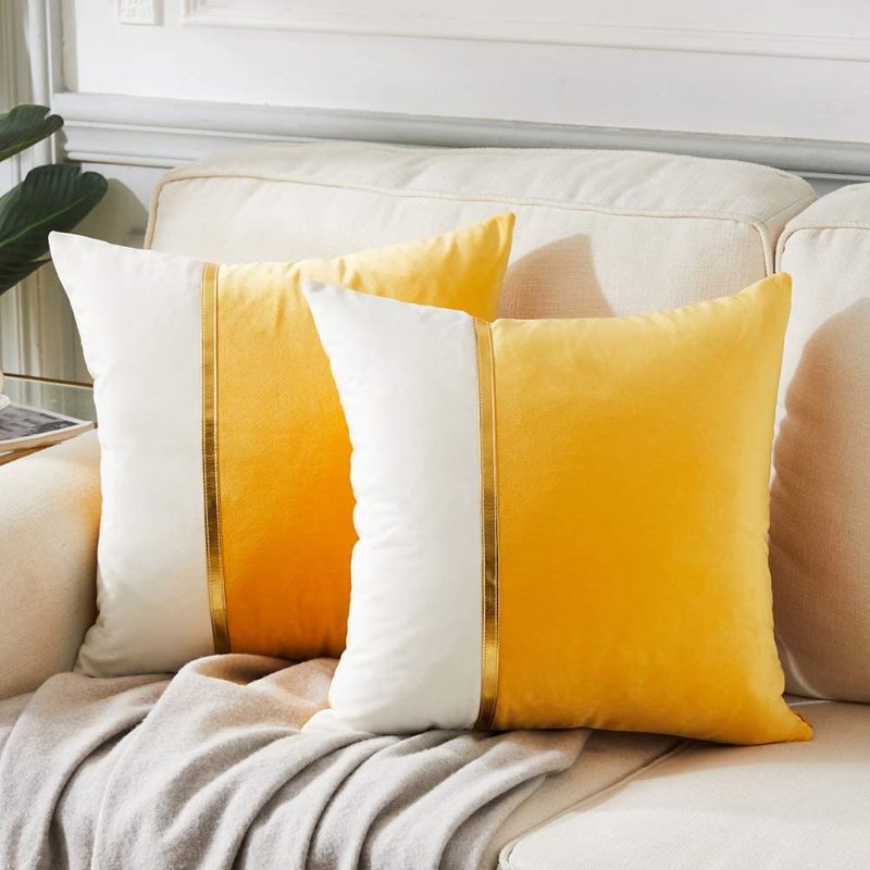 Photo 1 of Fancy Homi 2 Packs Yellow Decorative Throw Pillow Covers 18x18 Inch for Living Room Couch Bed, Yellow and White Velvet Patchwork with Gold Leather, Luxury Modern Accent Square Cushion Case 