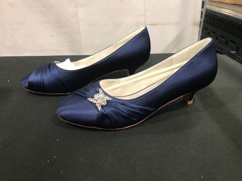 Photo 2 of ElegantPark Women Closed Toe Comfort Heel Rhinestone Satin Wedding Bridal Shoes NAVY BLUE SIZE 9.5
