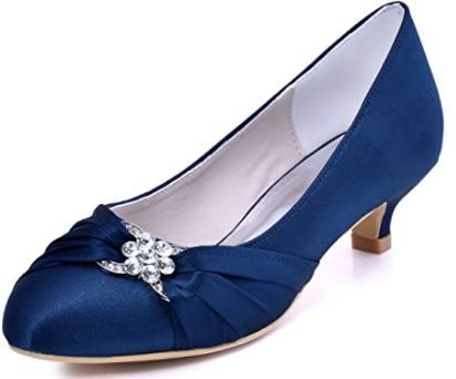 Photo 1 of ElegantPark Women Closed Toe Comfort Heel Rhinestone Satin Wedding Bridal Shoes NAVY BLUE SIZE 9.5
