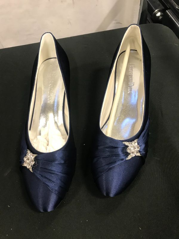 Photo 3 of ElegantPark Women Closed Toe Comfort Heel Rhinestone Satin Wedding Bridal Shoes NAVY BLUE SIZE 9.5
