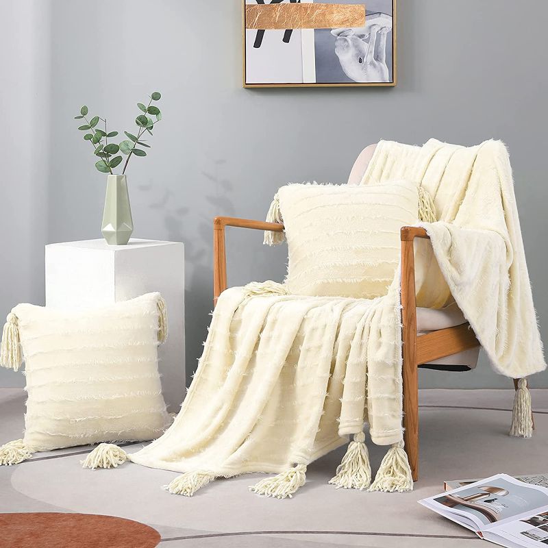 Photo 1 of Exclusivo Mezcla 3-Piece Tassel Fringe Striped Fleece Throw Set, Chenille Fringes Throw Blanket with 2 Throw Pillow Covers( 50x60/18x18 Inches, Ivory)- Soft,Lightweight and Decorative
