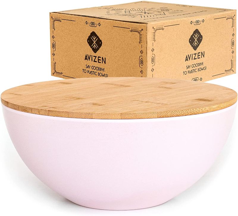 Photo 1 of AVIZEN Pink Bamboo Salad Bowl with Lid - Large Salad Bowl for Serving Salad, Mixing, Picnics, Snacks, Fruits and Vegetables - 9.8 Inches Capacity 3200ml 108oz
