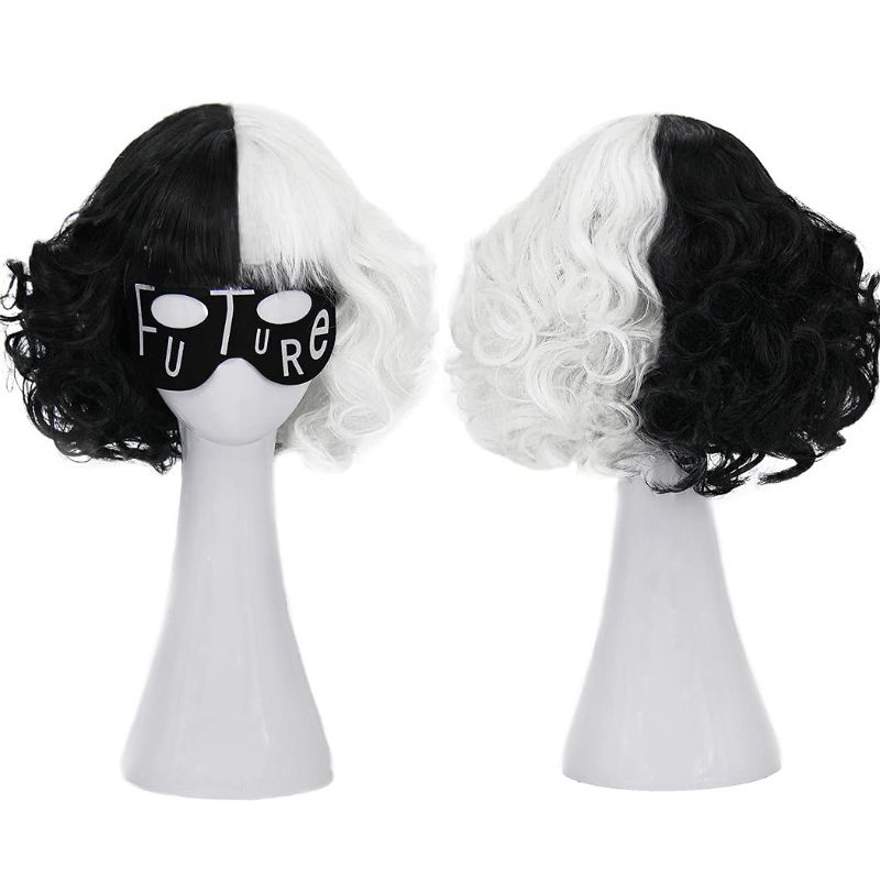 Photo 1 of Mildiso Wigs for Cruella Deville Costume Women Short Black and White Wig Cosplay Hair Wig with Bangs for Party Cosplay Halloween M104BW
