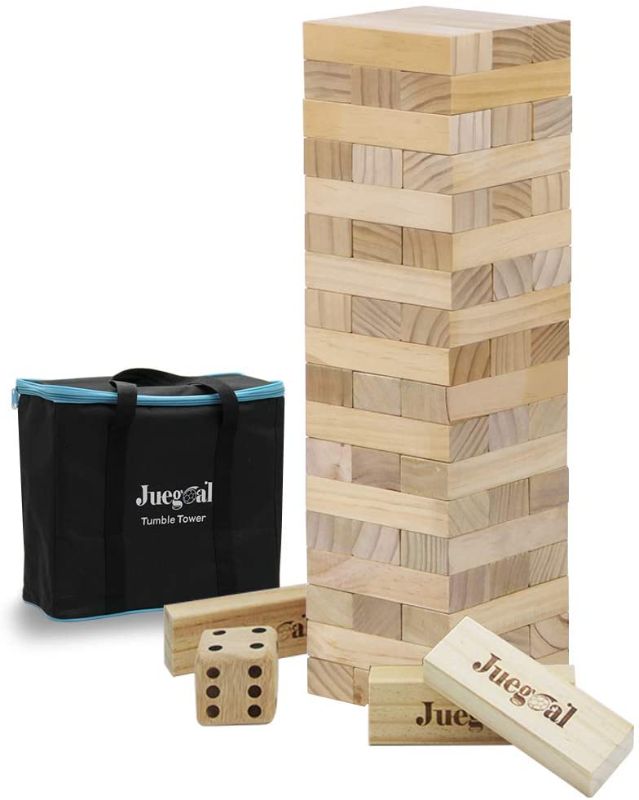 Photo 1 of Juegoal 54 Pieces Giant Tumble Tower Blocks Game Giant Wood Stacking Game with 1 Dice Set Canvas Bag for Adult, Kids, Family
