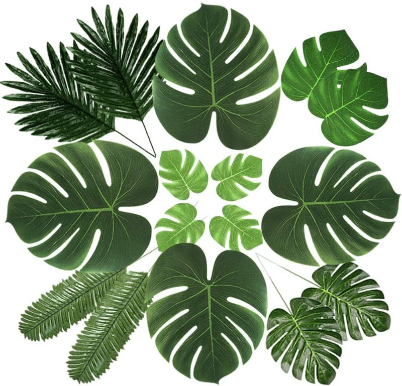 Photo 1 of 72 Pcs 6 Kinds Palm Leaves Artificial Tropical Plant Faux Leaves Safari Leaves Faux Monstera Leaves Hawaiian Luau Party Suppliers Decorations,Tiki Aloha Jungle Beach Birthday Table Leave Decorations
