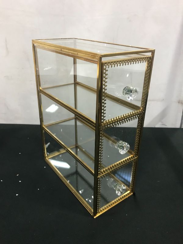 Photo 2 of Antique Beauty Display Jewelry Case Holder Clear Glass 3 Drawers Palette Organizer, Cosmetic Storage, Makeup Container 3 Cube Holder/Beauty Dresser Vanity Cabinet Decorative Keepsake Box
