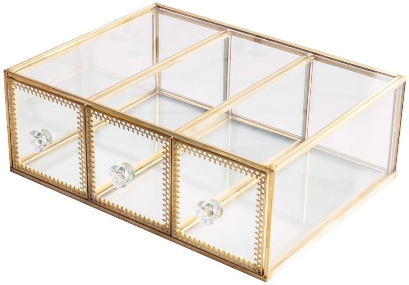 Photo 1 of Antique Beauty Display Jewelry Case Holder Clear Glass 3 Drawers Palette Organizer, Cosmetic Storage, Makeup Container 3 Cube Holder/Beauty Dresser Vanity Cabinet Decorative Keepsake Box
