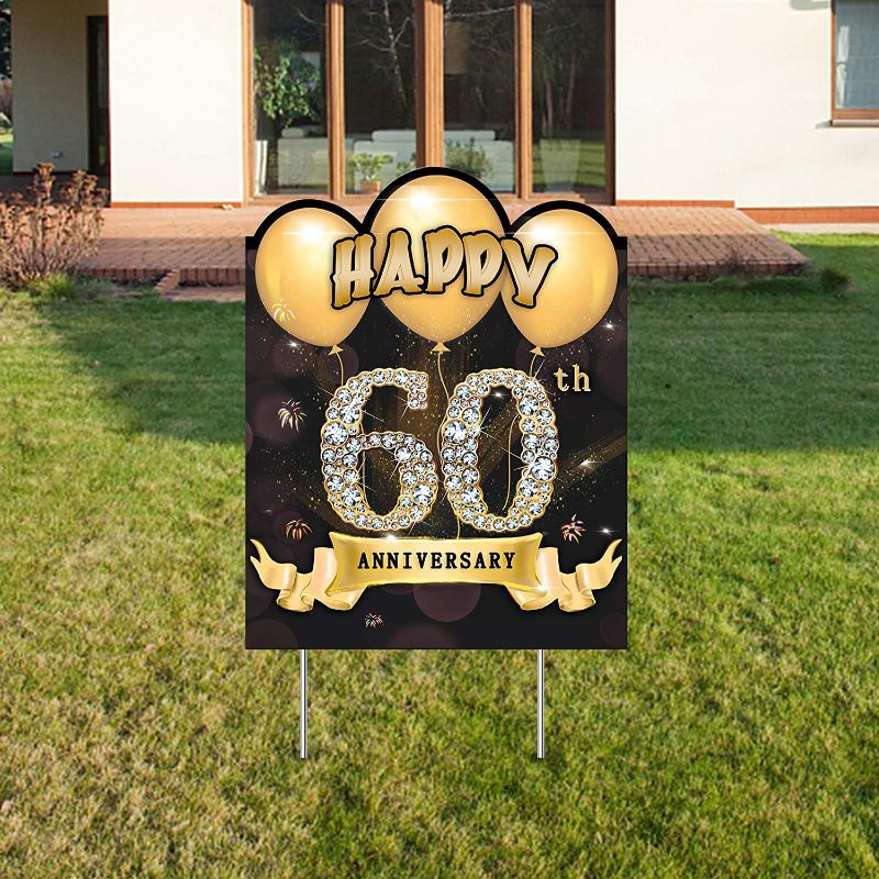 Photo 2 of Yoaokiy 60th Anniversary Yard Sign Decorations, Happy 60 Wedding Anniversary Lawn Signs Decor, Gold 60 Year Anniversary Party Lawn Decoration with Stakes
