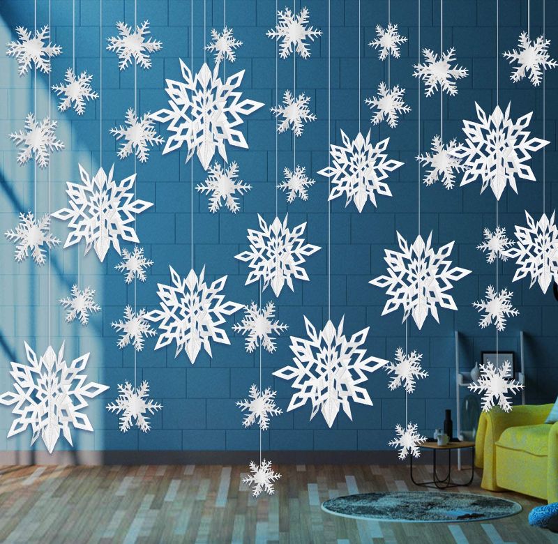Photo 1 of 24pcs Hanging Snowflakes Ornaments 3D Large Snowflakes Garland Snowflakes for Frozen Christmas Tree, Wedding, Holiday New Years, Winter Wonderland Room, Party Decoration Gifts