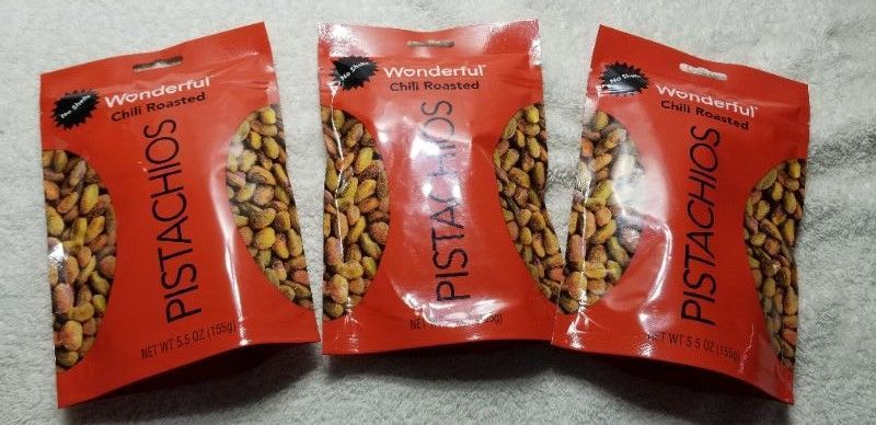 Photo 1 of Wonderful Pistachios, No Shells, Chili Roasted - 5.5 oz, 3 Pack, Best By: 01/05/22