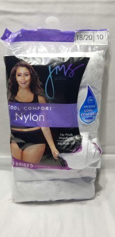 Photo 1 of  Just My Size Women's Assorted Nylon Brief Underwear, 6-Pack, white, size 10  (package torn but unopened)