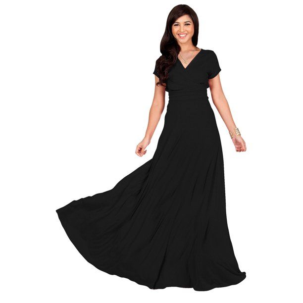 Photo 1 of KOH KOH LONG V-NECK FLOWY CAP SHORT SLEEVE EVENING DRESS, BLACK,  4X