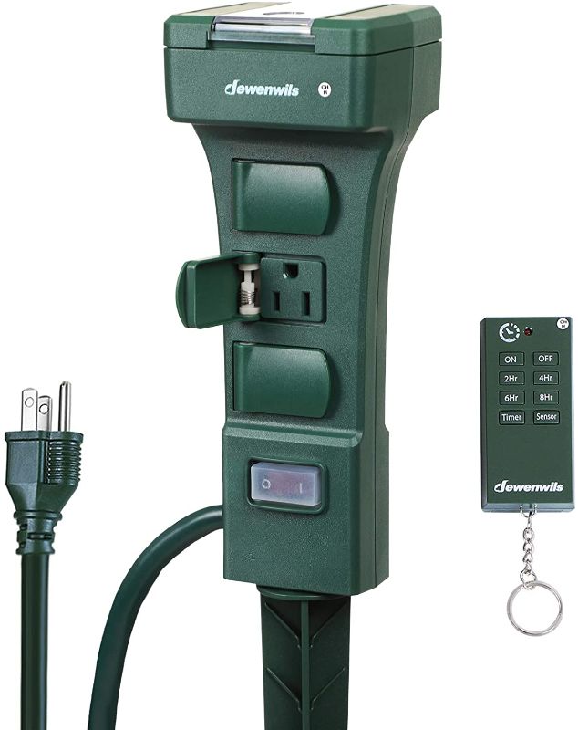 Photo 1 of 
DEWENWILS Outdoor Power Stake Timer Waterproof, 100FT Remote Control Outlet Timer, 6 Grounded Outlets 6FT Cord