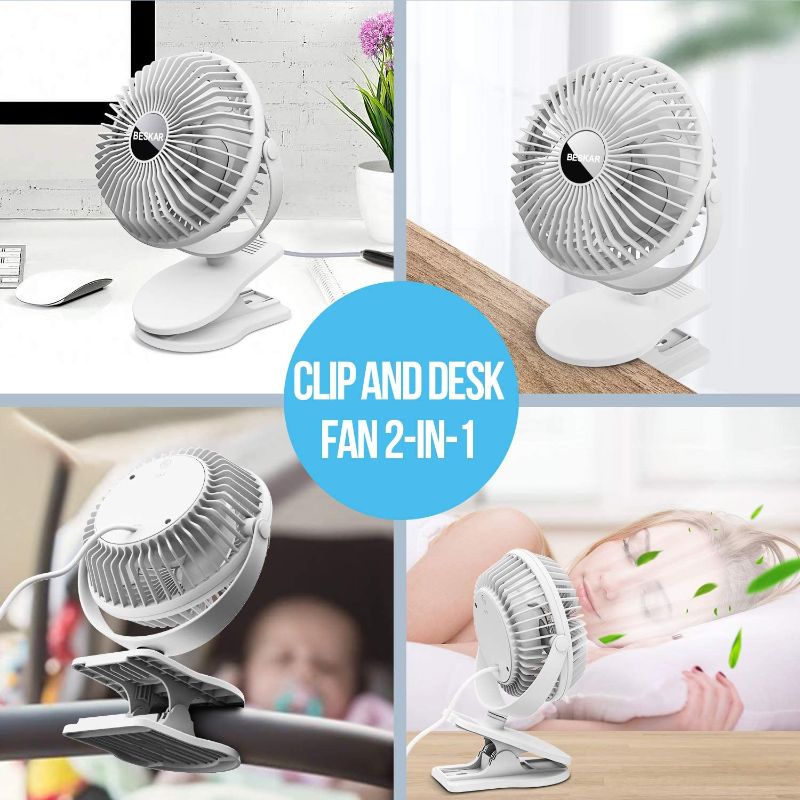 Photo 1 of BESKAR USB Powered Clip-on Fan, 360 ° Rotation Silent Baby Stroller Fan with Strong Airflow, 3-Speed ??Portable