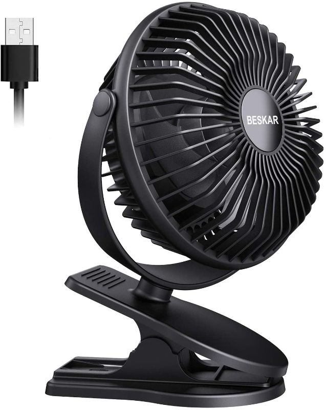 Photo 1 of BESKAR USB Powered Clip Fan, 6 Inch Portable Wired Fan, 3 Strong Airflow Speeds, Small Fan with Heavy Duty Clamp, Quiet Personal Desktop Fan and Clip Fan