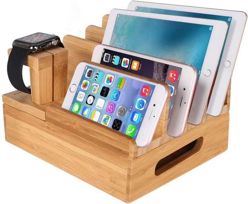 Photo 1 of  Multi-Device Bamboo Wood Charging Stand, Desktop Charger Stand Compatible with iPhone Xs MAX XR X 8 7 6 6S Plus iPad Mini Pro Air Apple Watch / iWatch 2 3 4 Samsung Smartphones