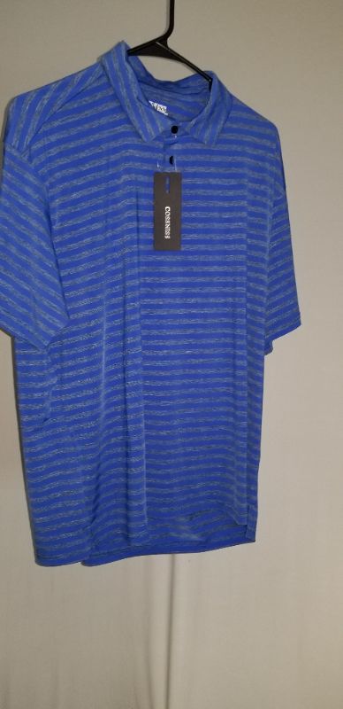 Photo 1 of Cossniss men's polo golf shirt, blue and gray stripes, XL