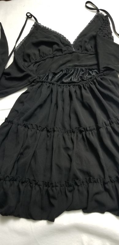 Photo 2 of BEAUTIFUL V-NECK LACE TOP MINI DRESS WITH LINING,  OPEN TIE BACK, BLACK, MED