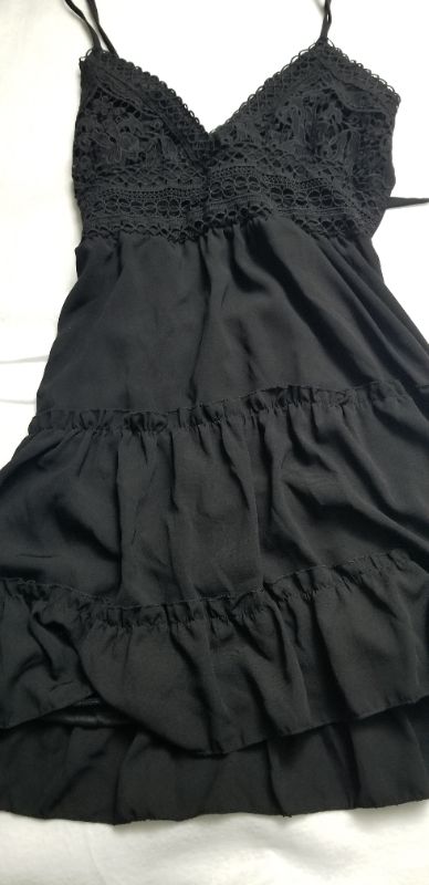 Photo 1 of BEAUTIFUL V-NECK LACE TOP MINI DRESS WITH LINING,  OPEN TIE BACK, BLACK, MED