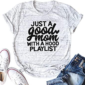 Photo 1 of Just A Good Mom with A Hood Playlist T Shirt Women, MED