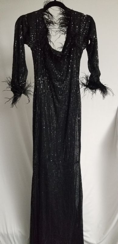 Photo 1 of LONG ELEGANT V-NECK RUCHED, THREE QUARTER SLEEVES, SEQUINED EVENING GOWN, BLACK, LG
