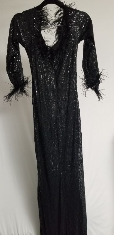 Photo 2 of LONG ELEGANT V-NECK RUCHED, THREE QUARTER SLEEVES, SEQUINED EVENING GOWN, BLACK, LG
