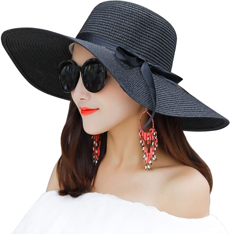 Photo 1 of  Womens Wide Brim Straw Sun Hat Floppy Foldable Roll up Cap, BLACK