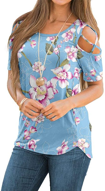 Photo 1 of NILOUFO Womens Summer T Shirts Short Sleeve Tunic Strappy Cold Shoulder Tops, LIGHT BLUE FLORAL, MED