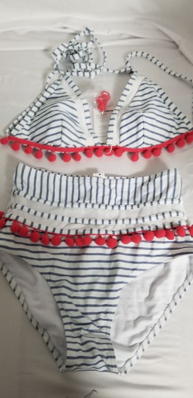 Photo 2 of cocoship two piece high waist striped bathing suit, size 6, gra