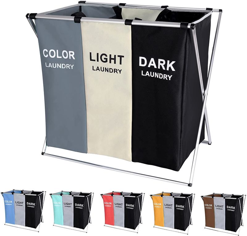 Photo 1 of 135L Laundry Cloth Hamper Sorter Basket Bag Bin Foldable 3 Sections with Aluminum Frame 24'' × 14'' x 23''