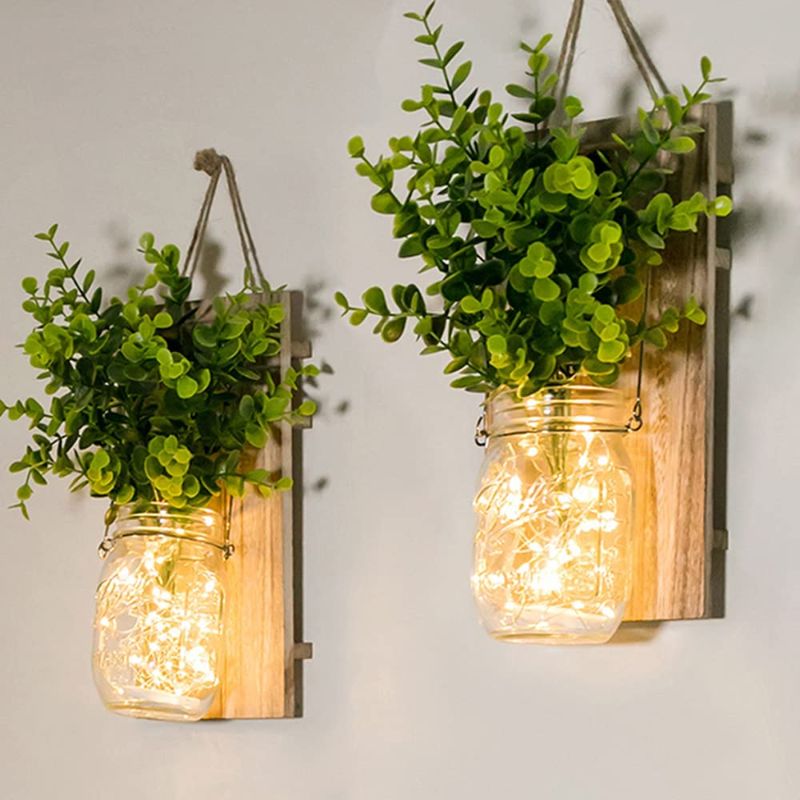 Photo 1 of Rustic Wall Sconces, Mason Jar Sconces, Farmhouse Home Decor, LED Fairy Lights, Green Fake Plant, Interior Decoration Warm Toned Lighting. (2 Pack)
