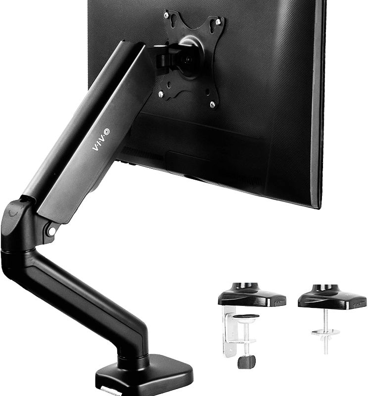 Photo 1 of VIVO Height Adjustable Monitor Arm - Single Counterbalance Desk Mount for Screens up to 27 inches, Fully Articulating Black Pneumatic Universal VESA Stand STAND-V001O