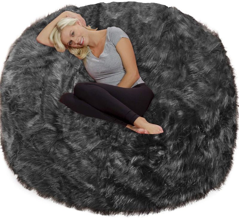 Photo 1 of Chill Sack Chair: Giant 6' Memory Foam Furniture Bean Bag Big Sofa with Soft Cover, 6 Foot, Plush Faux Fur - Charcoal