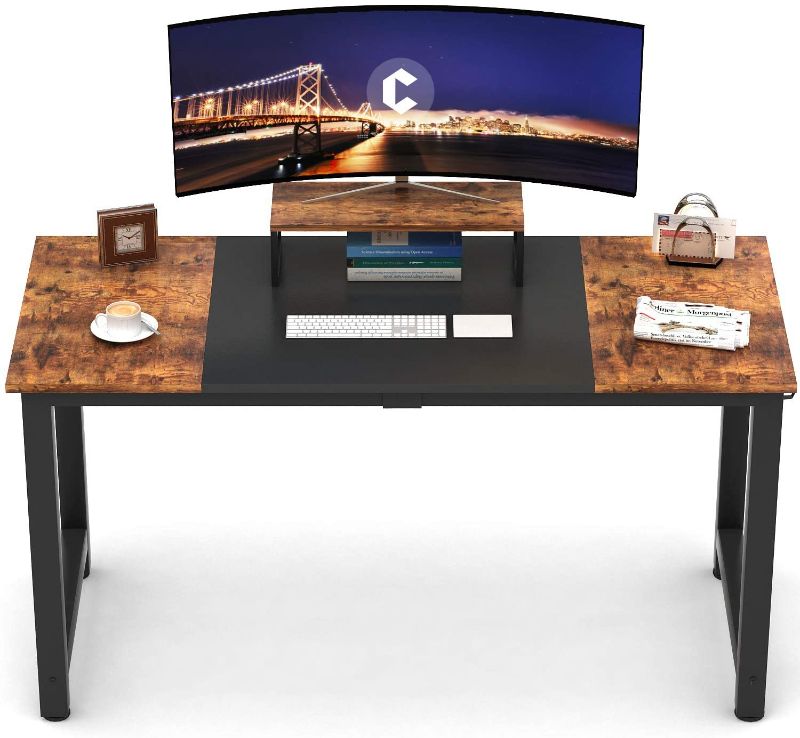 Photo 1 of CubiCubi Computer Desk 63" with Splice Board Study Writing Table for Home Office, Modern Simple Style PC Desk, Black Metal Frame, Black and Rustic Brown