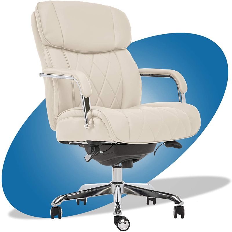 Photo 1 of La-Z-Boy Sutherland Quilted Leather Executive Office Chair with Padded Arms, High Back Ergonomic Desk Chair with Lumbar Support, Ivory White Bonded Leather