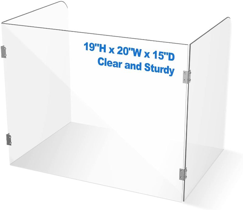 Photo 1 of Portable plexiglass desk counter protector, freestanding clear plexiglass barrier for acrylic counter desk divider, no cutout trifold protector for restaurant, table, classroom, teacher, student Plexiglass Pieces Approx 14in by 19in 2x and 20in by 19in