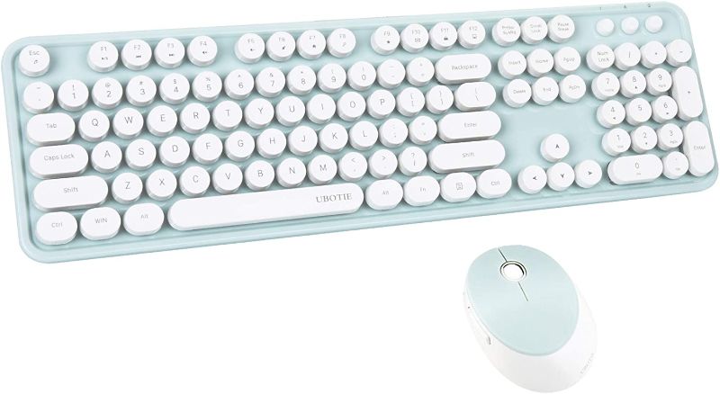 Photo 1 of UBOTIE Colorful Computer Wireless Keyboard Mouse Combos, Typewriter Flexible Keys Office Full-Sized Keyboard, 2.4GHz Dropout-Free Connection and Optical Mouse (Green-White)
