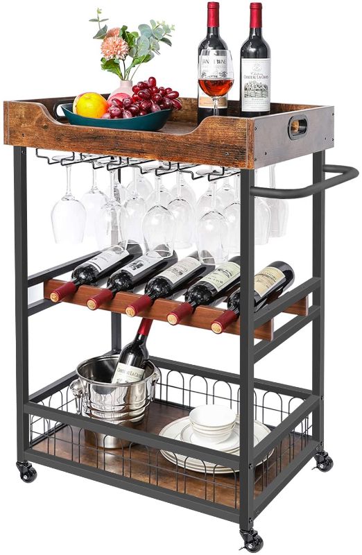 Photo 1 of X-cosrack Bar Cart with Wine Rack,Mobile Kitchen Serving Cart with Storage and Glass Holder,Removable Wood Tray, Industrial Wine Cart on Wheels with Handle,Rustic Brown